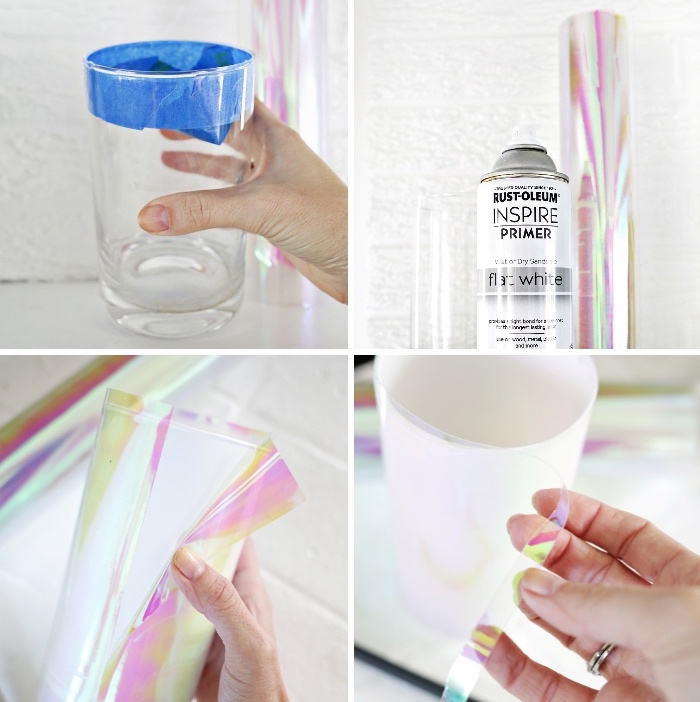 diy tutorial, glasvase mit hologynem papier dekorieren, esstisch deko basteln, diy deko