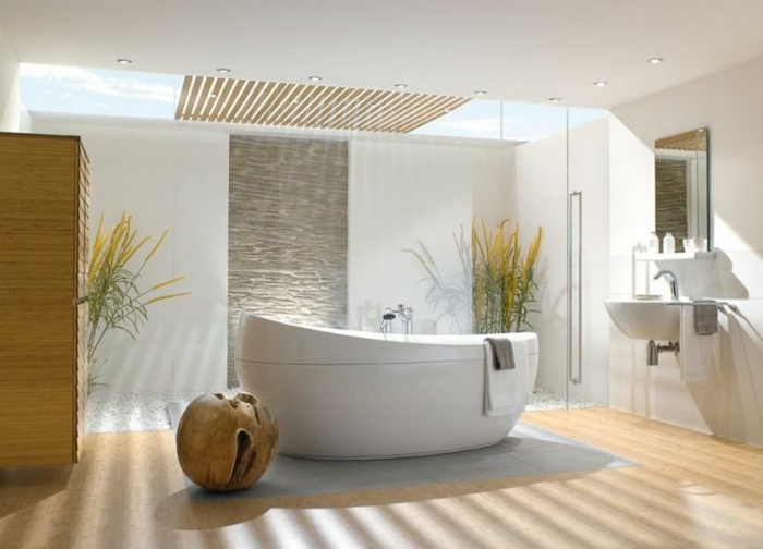 exotisches-Badezimmer-Interieur-Pflanzen-badewanne-freistehend-oval-eiförmig