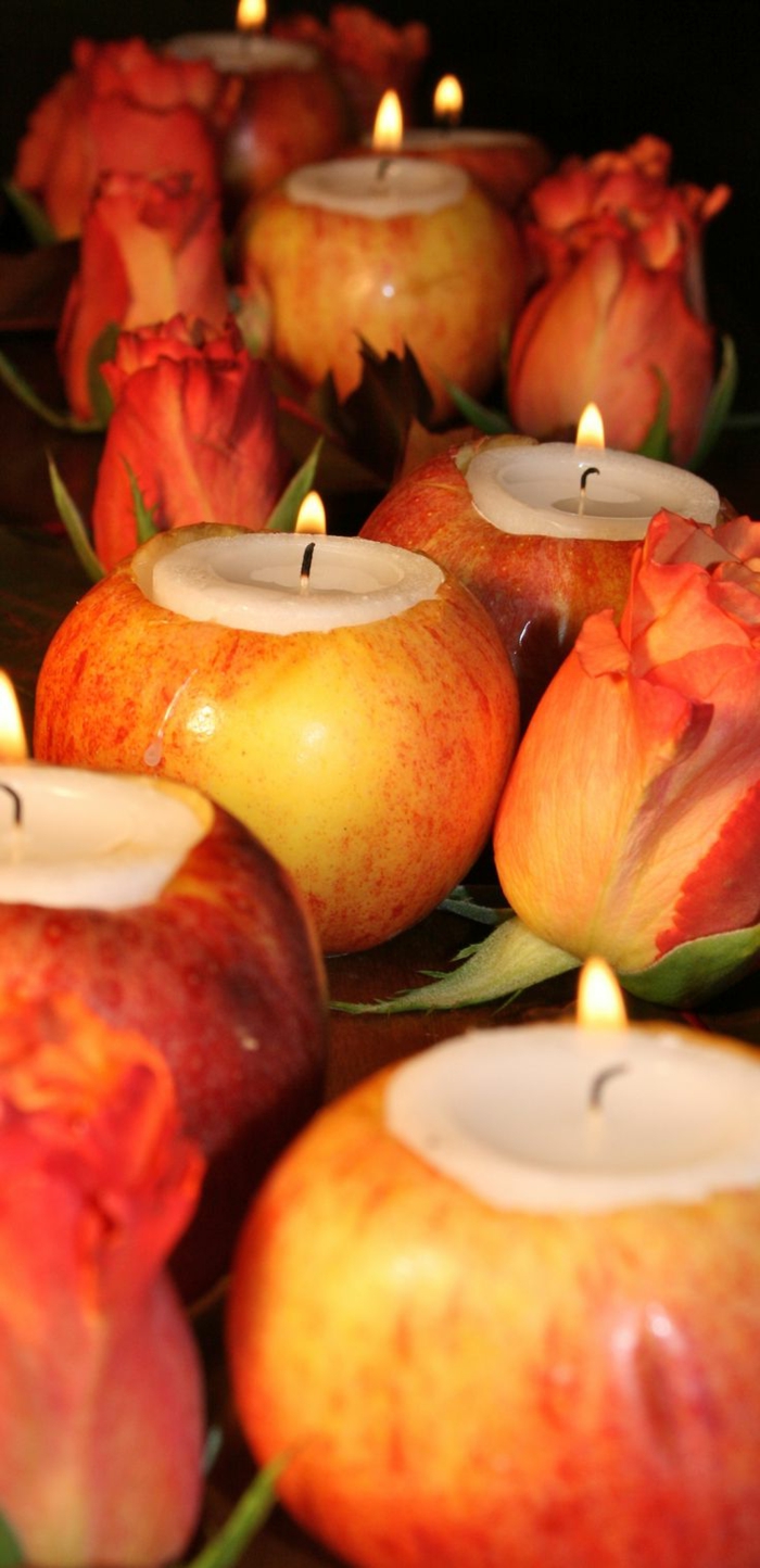 hochzeitsdeko-selber-machen-Äpfel-als-Kerzenhalter-blumen-tischdeko
