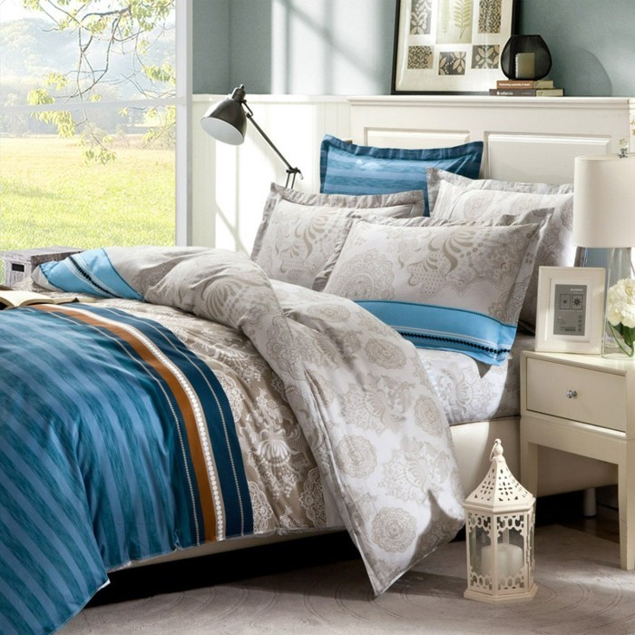 moderne-bettwäsche-blau-grau-vintage-schlafzimmer