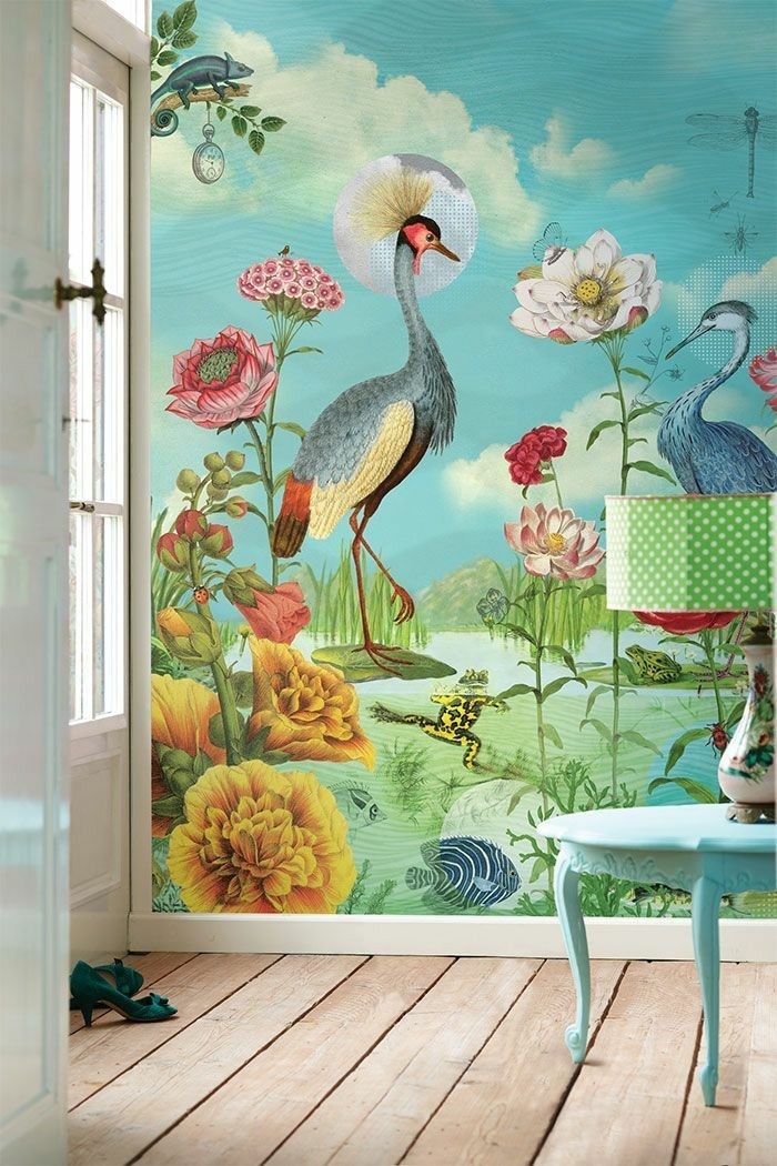 shabby-chic-Interieur-ausgefallene-tapeten-naturaler-Look-Blumen-Tiere-Vögel