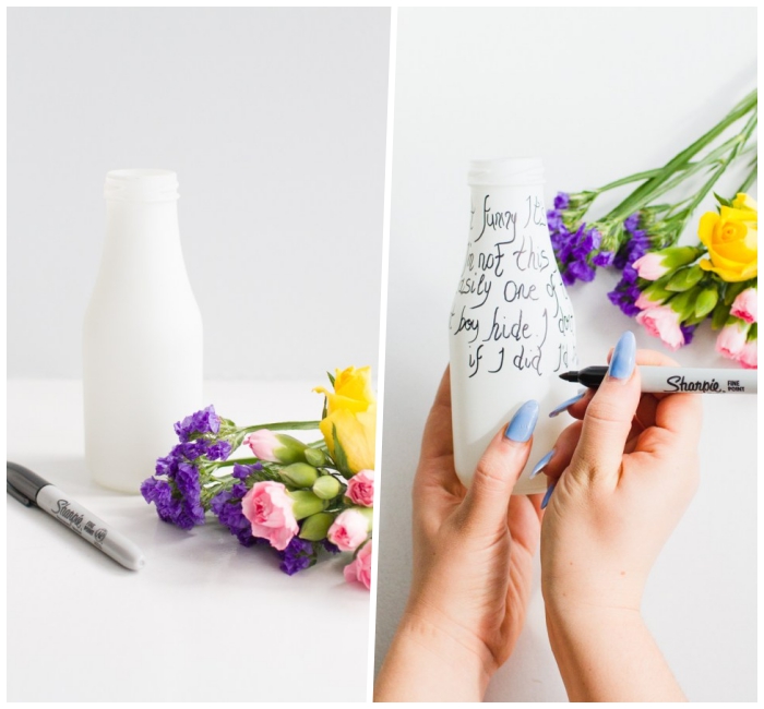 vase mit weißer farbe und schwarzem marker dekorieren, tischdeko frühling, selbstgemachte deko