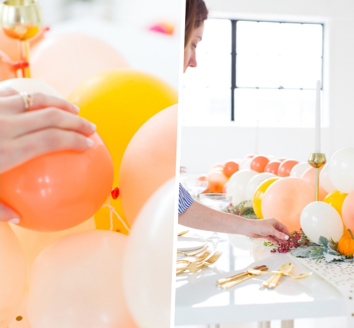 tischdekoration ideen, orangenfarbige, gelbe und weiße luftballons, tish dekroeiren