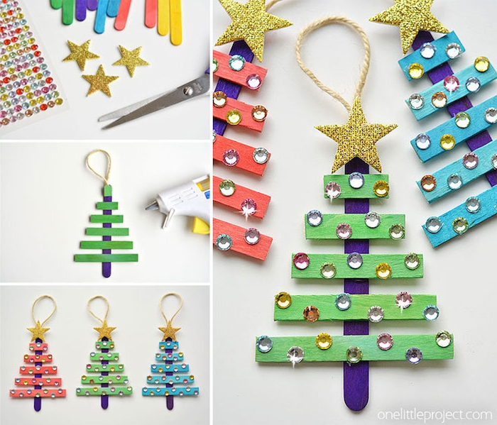 Weihnachtsbaum basteln aus Eisstielen, bunt bemalen, mit Perlen und kleinen Sternen dekorieren, Weihnachtsbasteln mit Kindern 