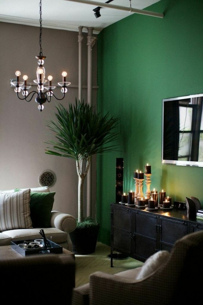 wohnzimmer-wandgestaltung-moderne-wandfarben-grün-braun