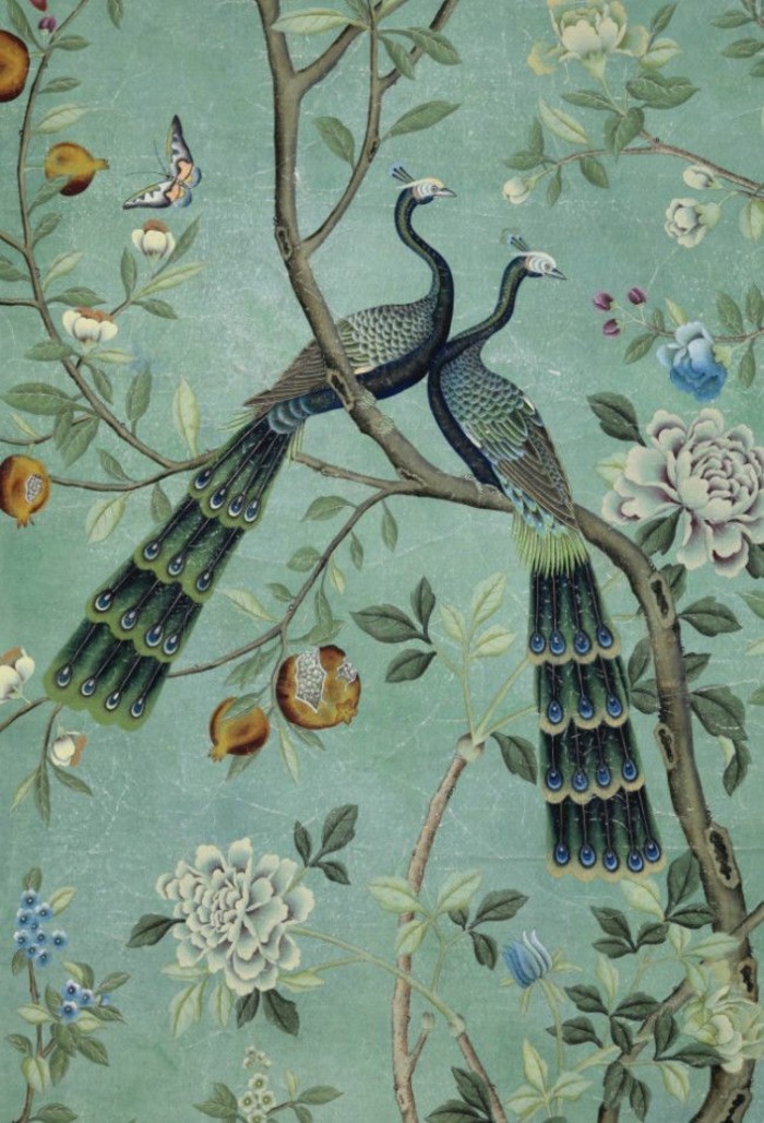 wunderschönes-tapeten-design-Naturbild-Vögel-Blumen-türkise-tapete