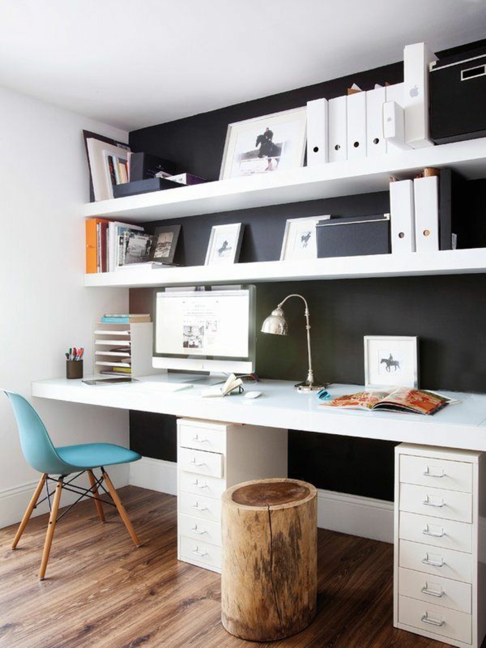 zimmer-einrichten-ideen-Schreibtisch-Regale-Möbel-für-Arbeitszimmer-rustikaler-Hocker