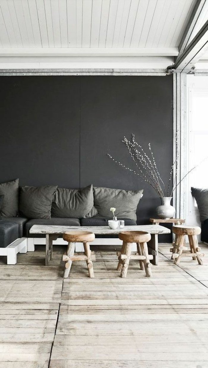 Wohnzimmer-grau-rustikale-Möbel-Wandfarbe-Anthrazit