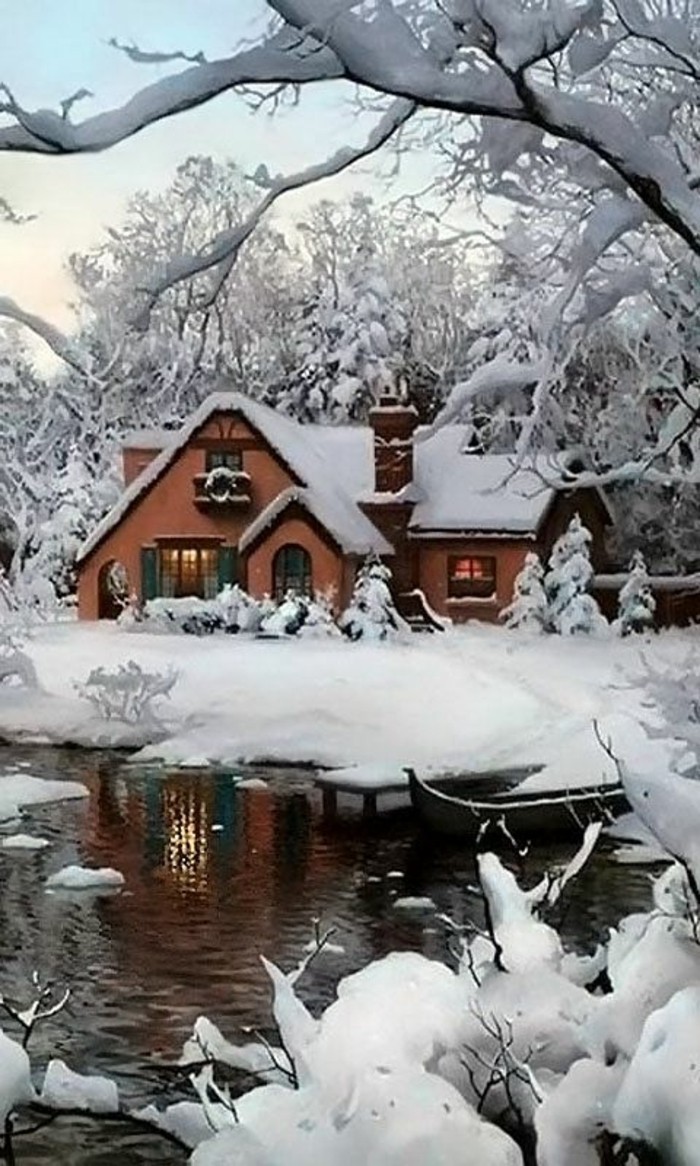 malerische-Winterlandschaft-Bilder-Häuser-See-Bäume