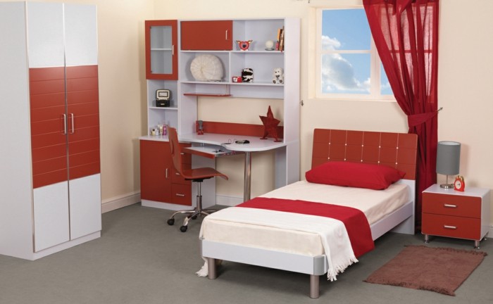 mädchenzimmer-möbel-schicke-rote-gardinen-und-modernes-bett