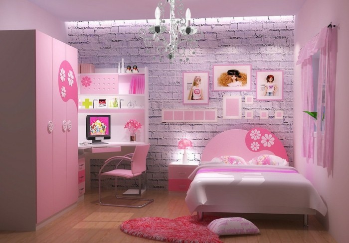 mädchenzimmer-möbel-sehr-schönes-bett-und-rosige-wandgestaltung
