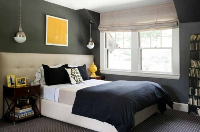 wandfarbe-grau-tolles-design-schlafzimmer-mit-einem-gelben-akzentbild-an-der-wand