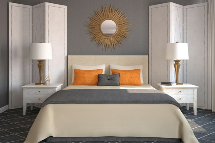 wandfarbe-grau-wunderschönes-3d-modell-schlafzimmer-orange-kissen-auf-dem-bett