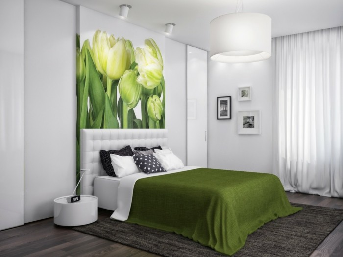 wandfarbe-grün-elegantes-schlafzimmer-super-bett-und-bild-an-der-wand