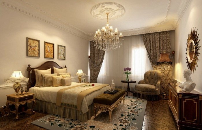 goldenes-modell-schlafzimmer-mit-einem-schönen-kronleuchter