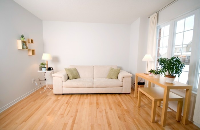 elegantes weißes sofa - mit zwei dekokissen - kleines wohnzimmer