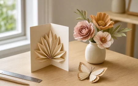 Bastelideen aus Papier: fertige Blumen, Karte und Schmetterling auf Werktisch