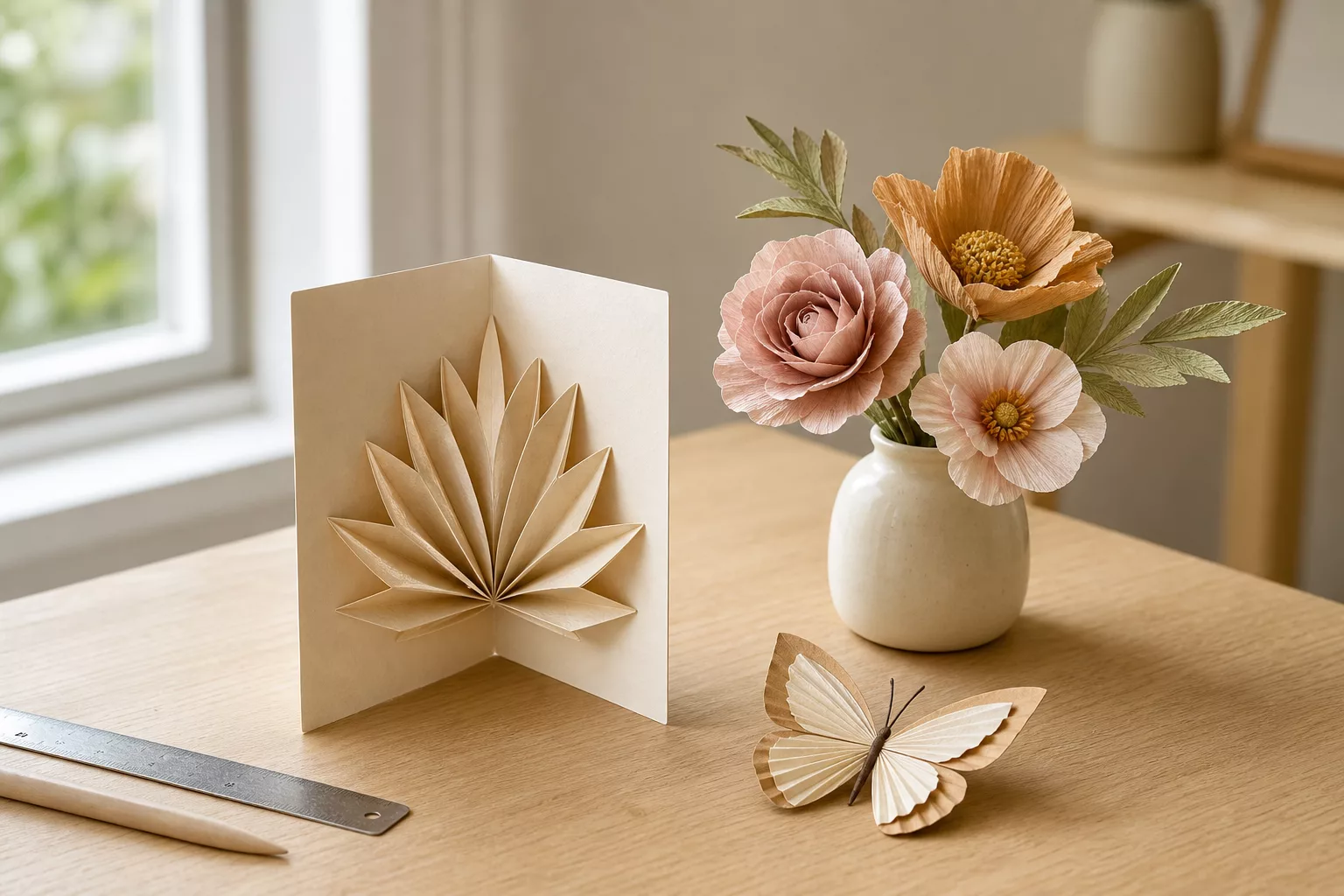 Bastelideen aus Papier: fertige Blumen, Karte und Schmetterling auf Werktisch