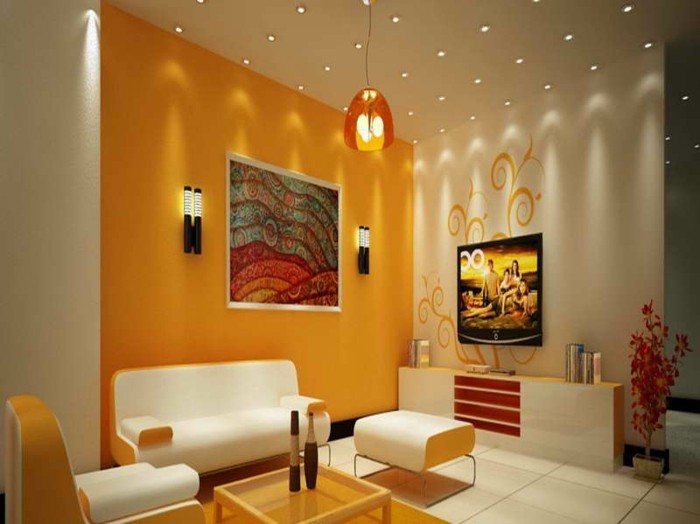 elegantes-modell-wohnzimmer-orange-wände-tolle-weiße-möbel