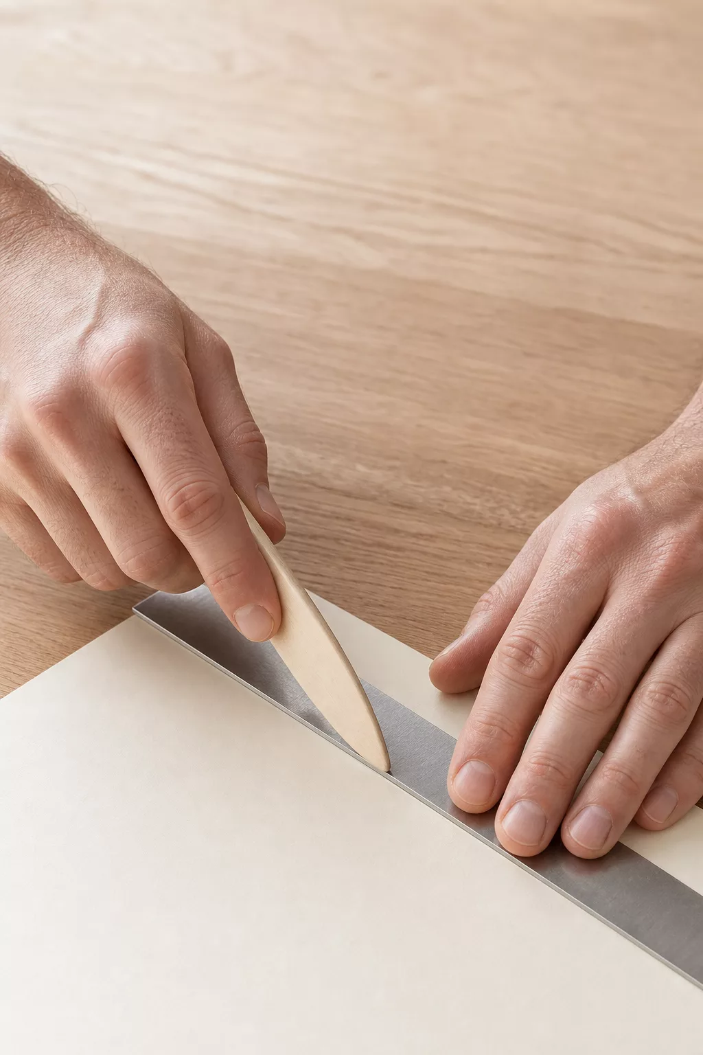 Hände ziehen mit dem Falzbein eine Rille ins Papier