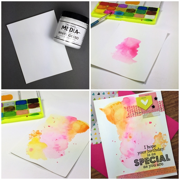papier mit wasserfarben dekorieren, geburtstagskarten zum ausdrucken, selbstgemachte karte