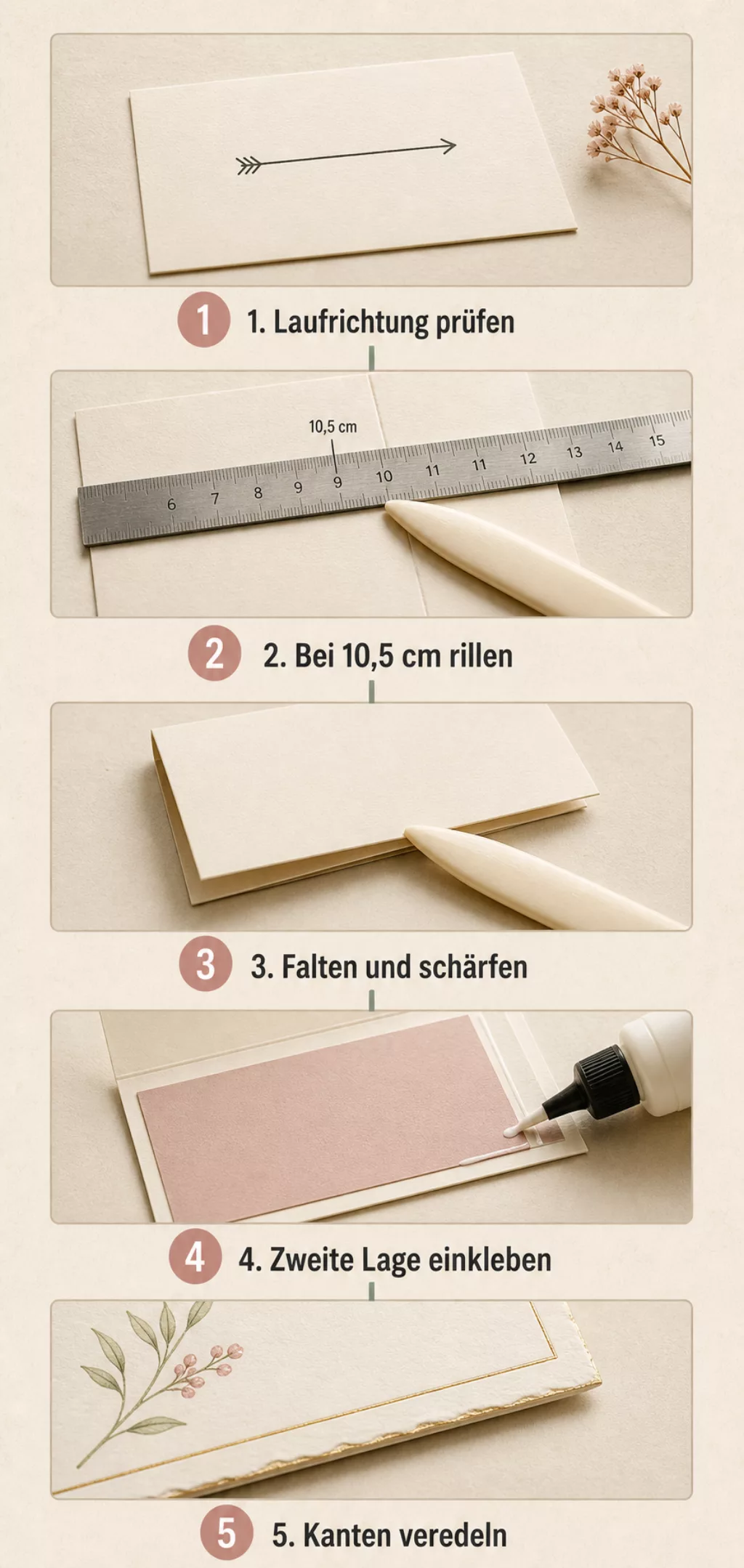 Grafik: fünf Schritte zu einer edlen Klappkarte aus Papier