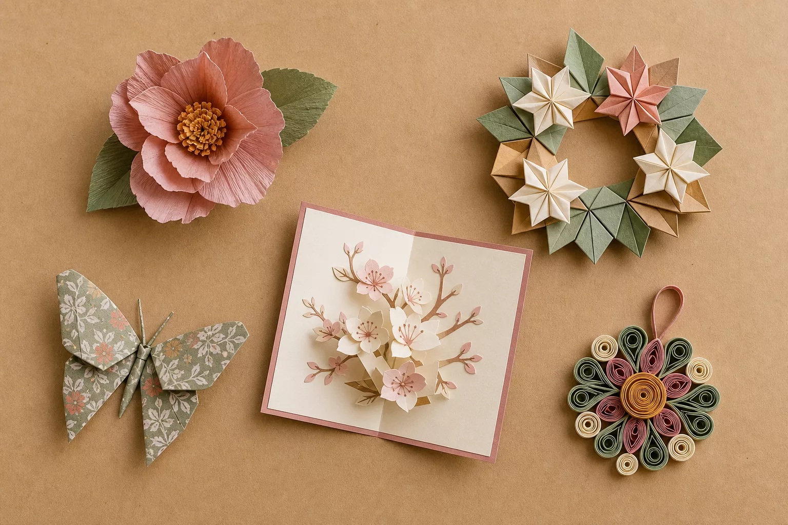 Bastelideen aus Papier von oben: Blume, Kranz, Karte und Quilling