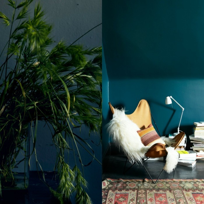 petrolblau-wandfarbe-schöner-sessel-tolle-grüne-pflanze