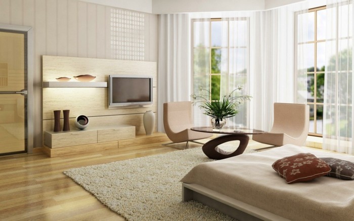 kreatives-modell-schlafzimmer-mit-weißen-gardinen-und-moderne-tapeten