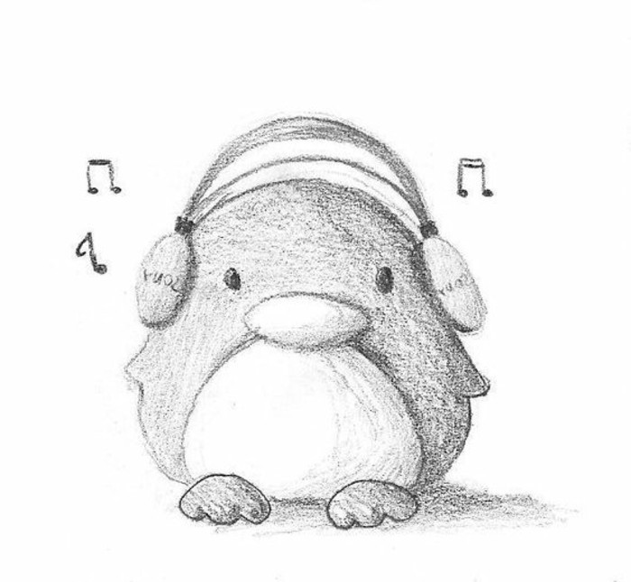 Bleistiftzeichnungen-ein-Penguin-mit-Kopfhörer