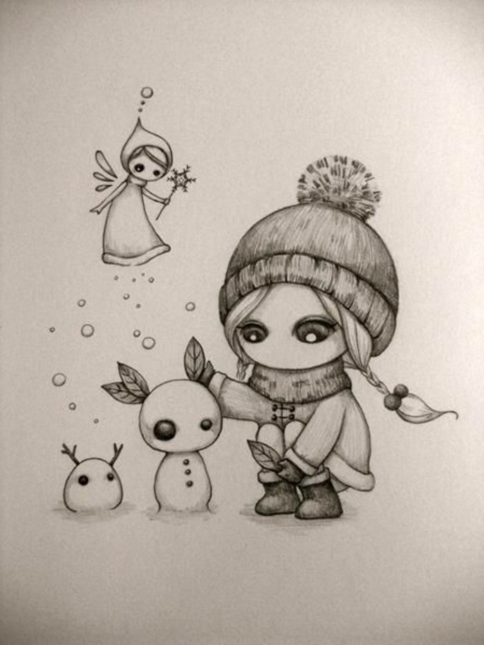 Bleistiftzeichnungen-mit-Mädchen-und-Schneemänner
