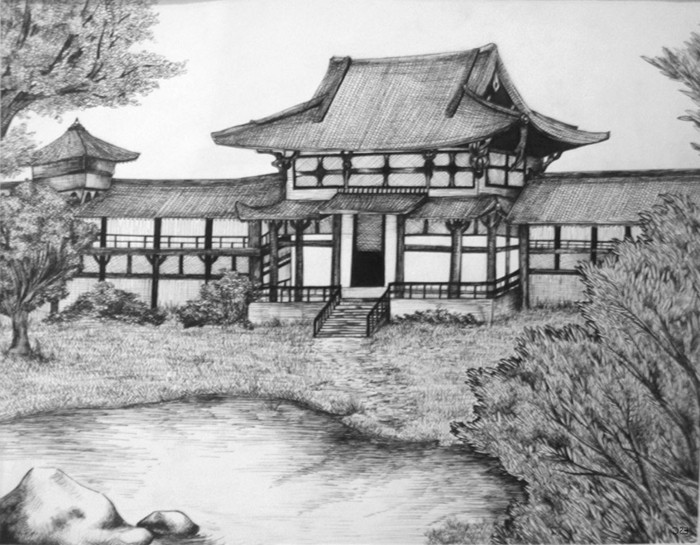 Zeichnen-lernen-mit-Bleistift-ein-japanisches-Haus