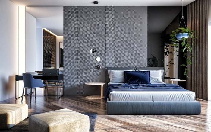 1 schlafzimmer wandgestaltung ideen schlafzimmerdeko in grau und dunkelblau moderne zimmergestaltung schlafzimmergestaltung