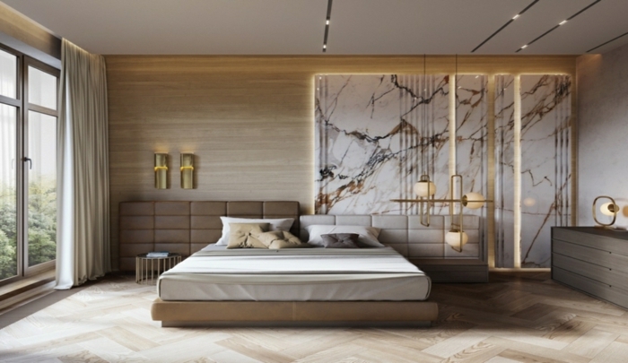 1 schlafzimmer wandgestaltung moderne schlafzimmerdeko wand in marmor look schlafzimmerbeleuchtung einrichtung in grau