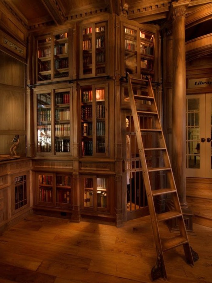 Bücherregal-mit-Leiter-stilvoll-aus-Holz