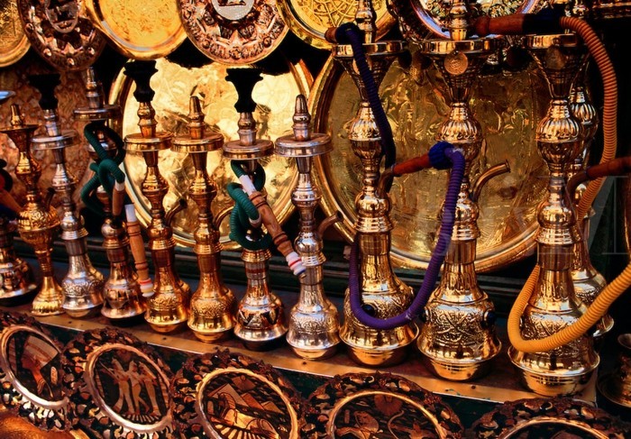 Traditional Shisha water pipes and brass plates Luxor Egypt
