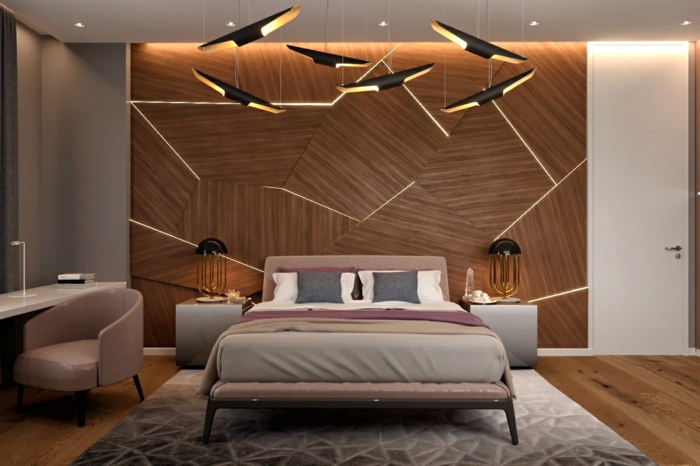 außergewöhnliche wandgestaltung schlafzimmer zimmer dekorieren zimmerdeko ideen schlafzimmerbeleuchtung hölzene wandpaneele