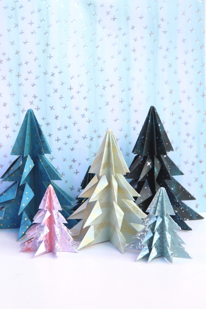 bastelideen zum weihanchten, basteln aus papier, origami weihanchtebäume, partydeko ideen