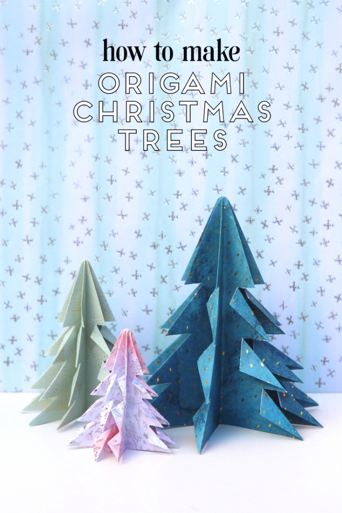 origami bäume aus buntem bastelkarton, basteln aus papier, selbstgemachte weihnachtsdeko 