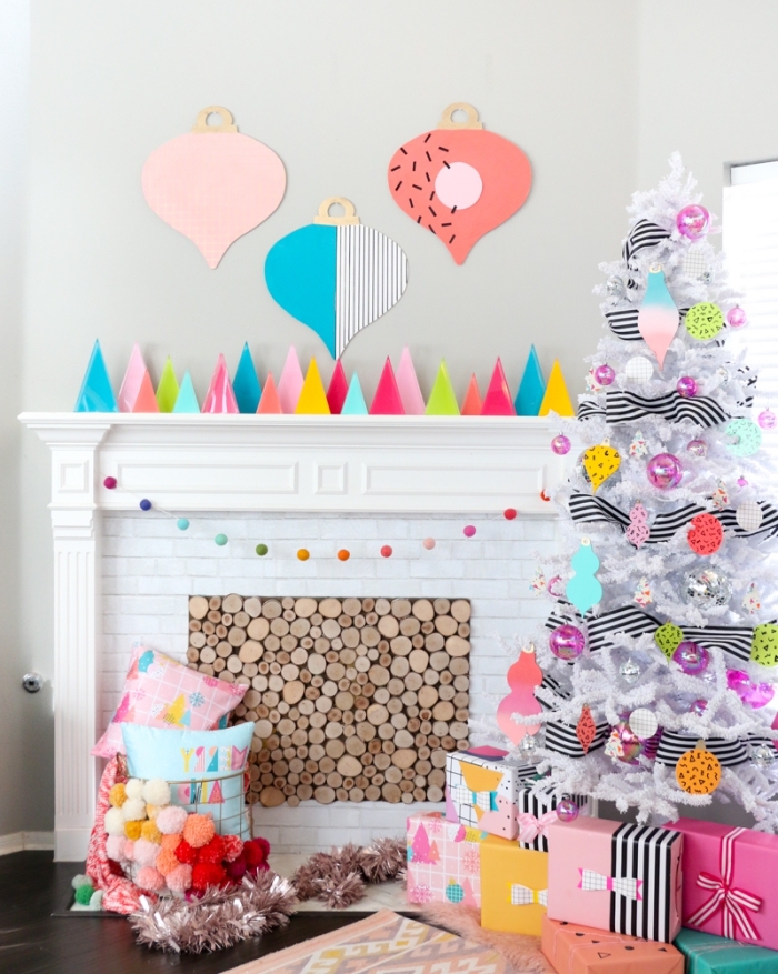 basteln weihnachten papier, weihanchtsbaum dekorieren, weihanchtsparty deko, kamin deko