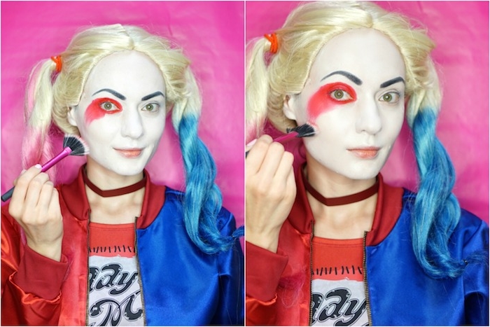 Harley Quinn schminken Schritt für Schritt, roten und blauen Lidschatten auftragen 
