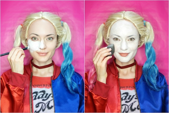 Harley Quinn Schminke selber machen, weißes Gesicht, Haare in Blau und Rot 