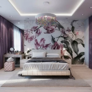 ideen für schlafzimmer schlafzimmereinrichtung in weiß und lila florale wanddeko tapette mit blumen kronleuchter