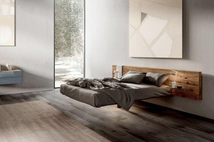 schlafzimmer ideen modern bett aus holz großes bild als wanddeko wände dekorieren boden aus holz