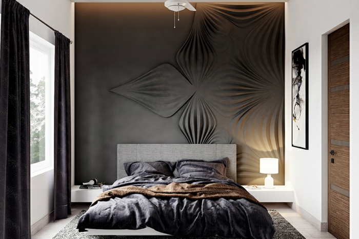 schlafzimmer ideen modern kleines zimmer einrichten und dekroieren graue wand mit blumen muster dunkle vorhänge