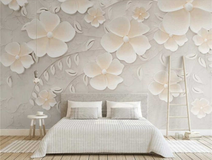 schlafzimmer ideen wandgestaltung außergewöhnliche zimmerdeko große 3d blumen wand dekorieren moderne wanddeko