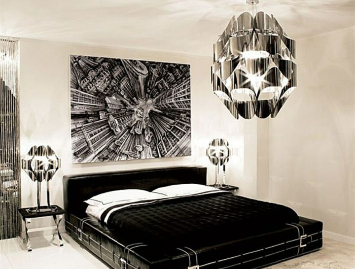 schlafzimmer ideen wandgestaltung großes bild schwarzes bett weiße wände lururiöse designereinrichtung