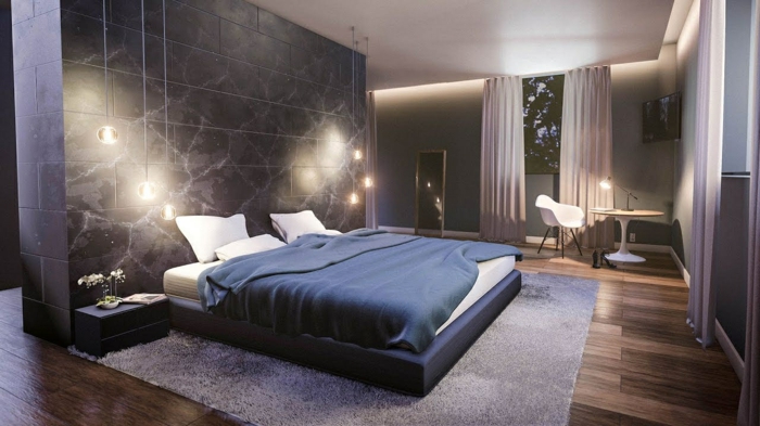 schlafzimmer streichen ideen zimmer dekorieren zimmerbeleuchtung großes bett schwarze wand lila gardinen