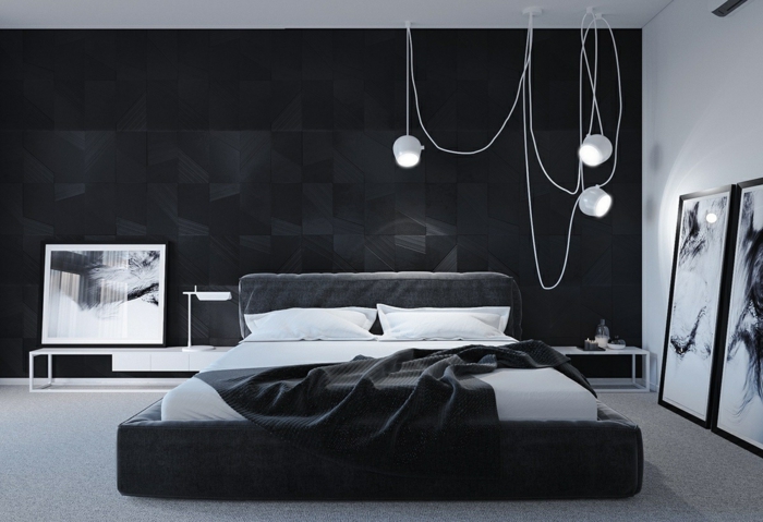 schlafzimmer streichen ideen zimmerdeko in weiß und schwarz hängende lampen große bilder schlafzimmerdeko