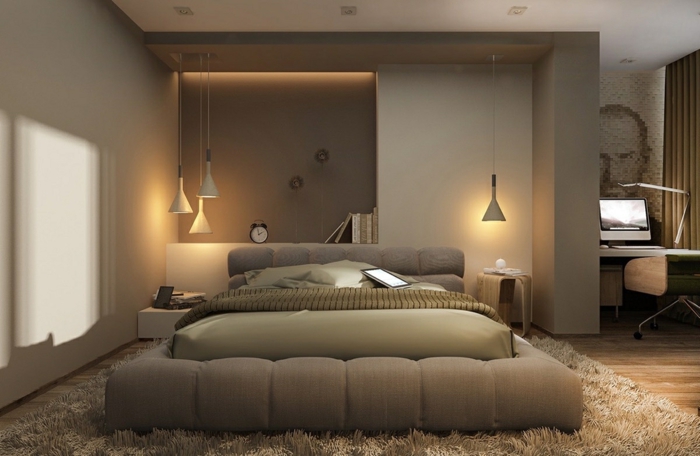 schlafzimmer streichen ideen zimmergestaltung in naturfarben graue wände schlafzimmerbeleuchtung flauschiger teppich